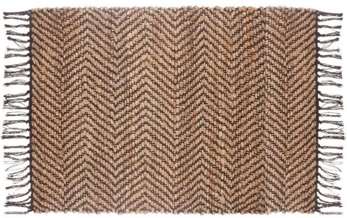 Rechthoekige etnische jutemat met zigzag krassen 60x90 cm - Coton|Jute - Zwart - Zwart - SILUMEN
